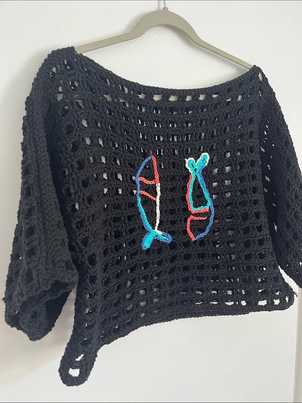 Handmade Black Crochet boxy tee with Colorful Fish Embroidery